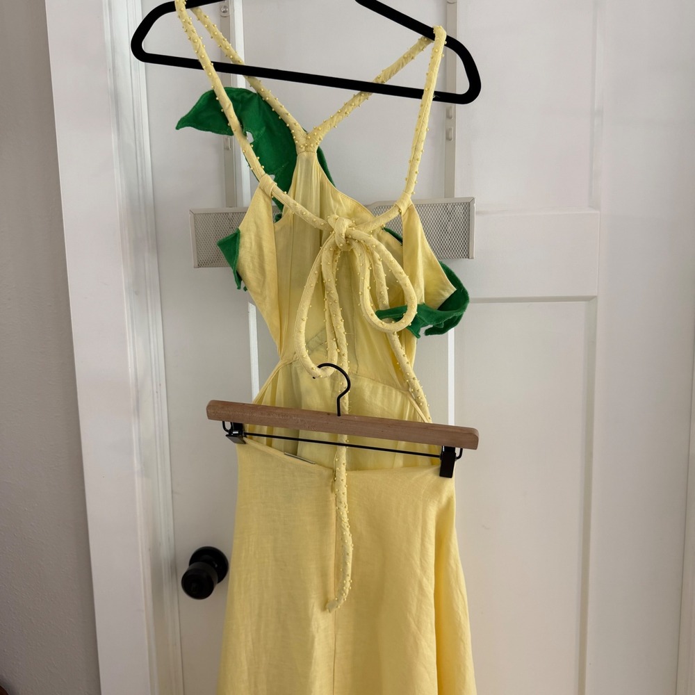 Farm Rio Palm Tree Cutwork Yellow Linen Applique Maxi Dress Maximalist Vacation - Picture 9 of 12